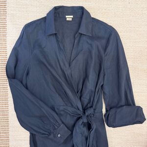 Magaschoni 100% Linen Midi Wrap Dress Navy Blue Long Sleeve Size 8